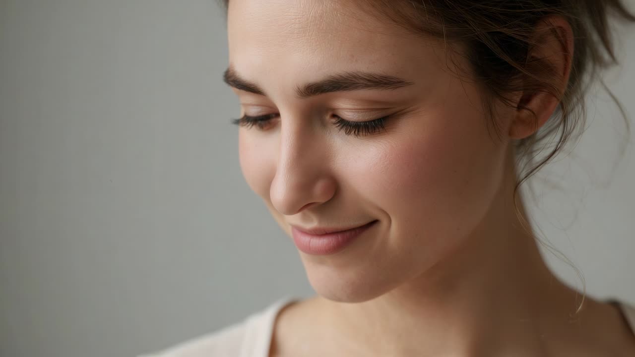 On off-camera cue, adult female shifting gaze, turning toward camera in studio, offering warm smile
