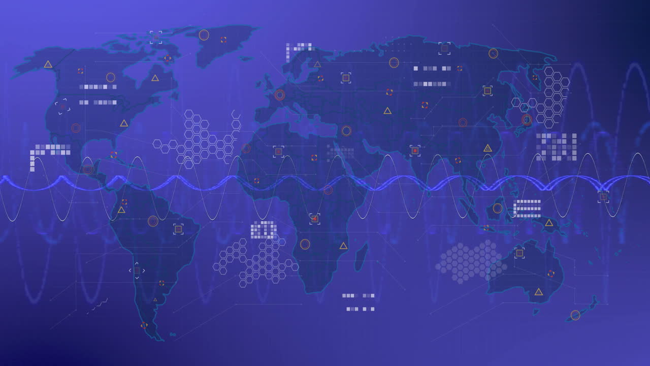 animación del mapa del mundo con procesamiento de datos a través de redes de conexiones