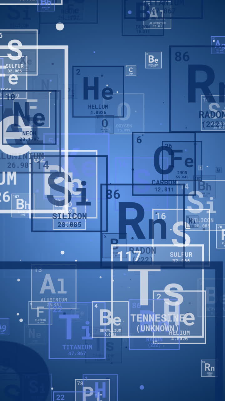 Blue periodic table of elements. Simplified table including element symbol and atomic number. Chemical and science loop animation. Vertical video.