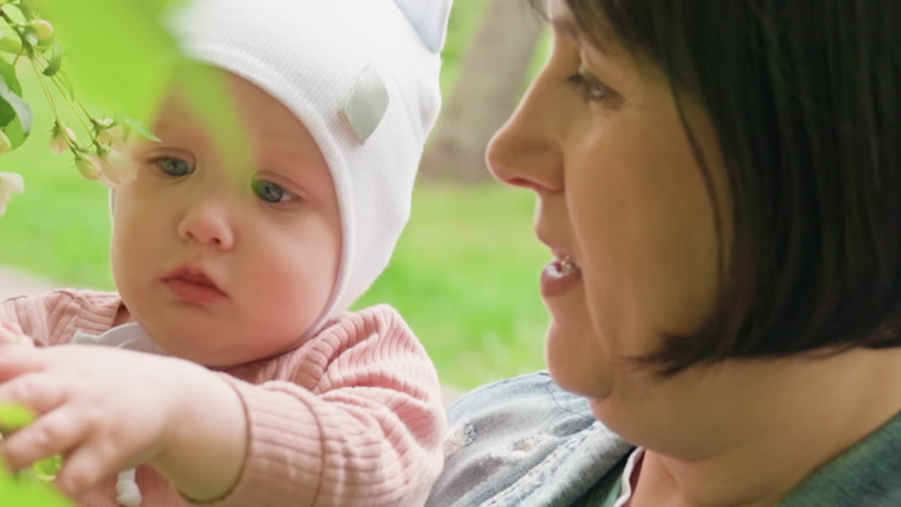 Infant Exploring Nature, Child Examining Greenery Next To Mother, Young Child Interacts Gently With Lush Park Surroundings, Baby In White Hat Inspects Branches Closely During Peaceful Park Visit