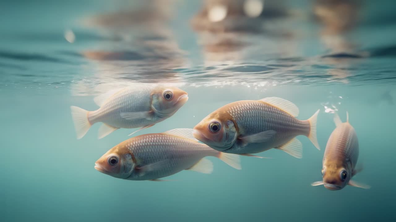 Tilting upward one goldfish cueing group gliding in tank under water surface, maintaining spacing