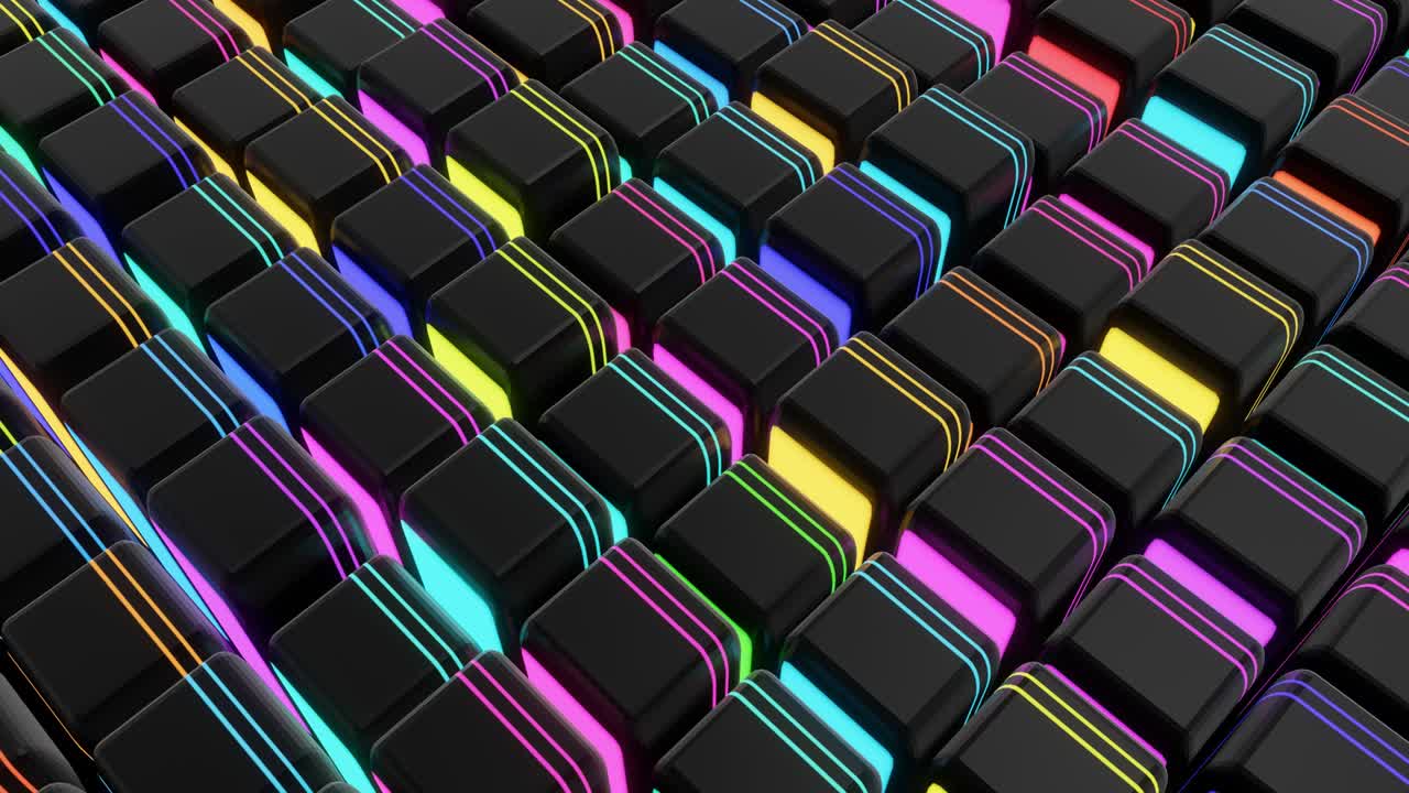 4r loop dark background with abstract blocks on plane like devices with screen lighting with multicolor neon light. Bg for festive show or holiday events, concerts, music videos, VJ for night clubs.