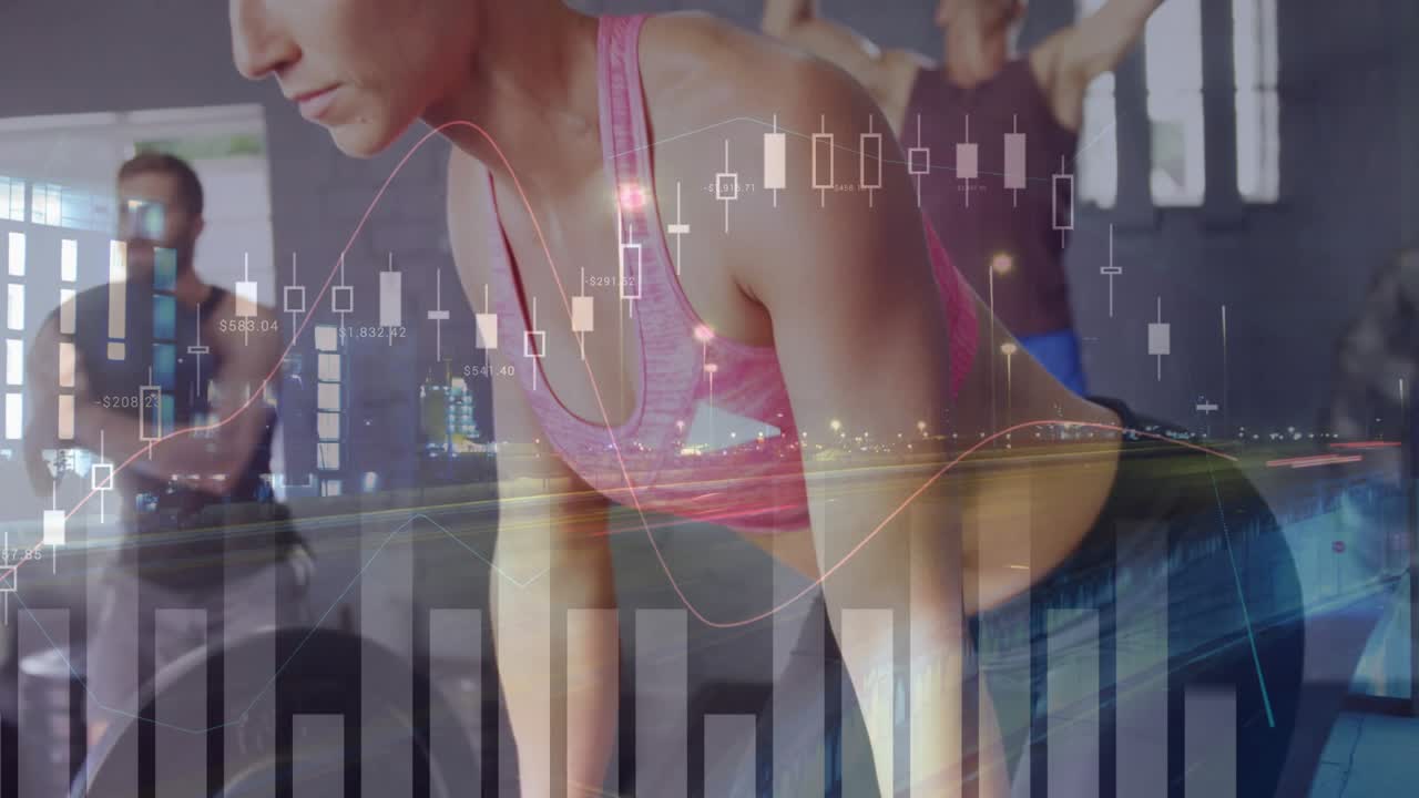 Woman leaning forward pulling barbell, men lifting kettlebells, charts overlaying torso for fitness