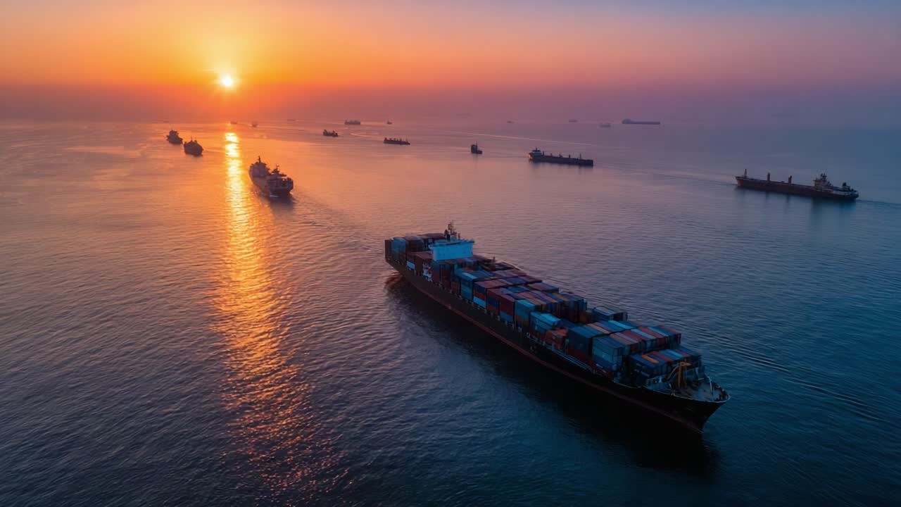 Breathtaking sunset view over shipping vessels at sea, highlighting silhouettes of cargo ships gliding through tranquil waters as daylight fades into twilight hues