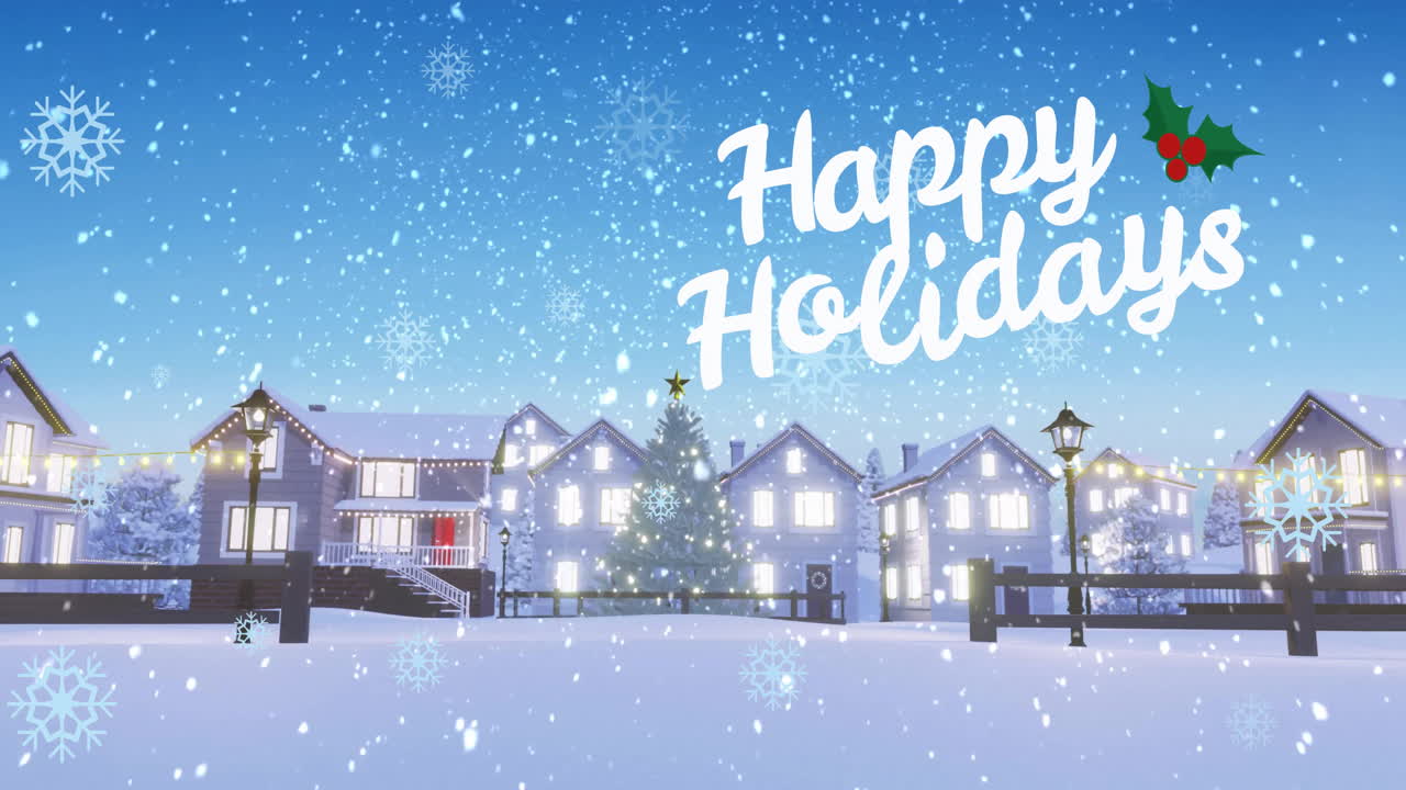 Happy Holidays text animation over snowy village with decorated houses and trees