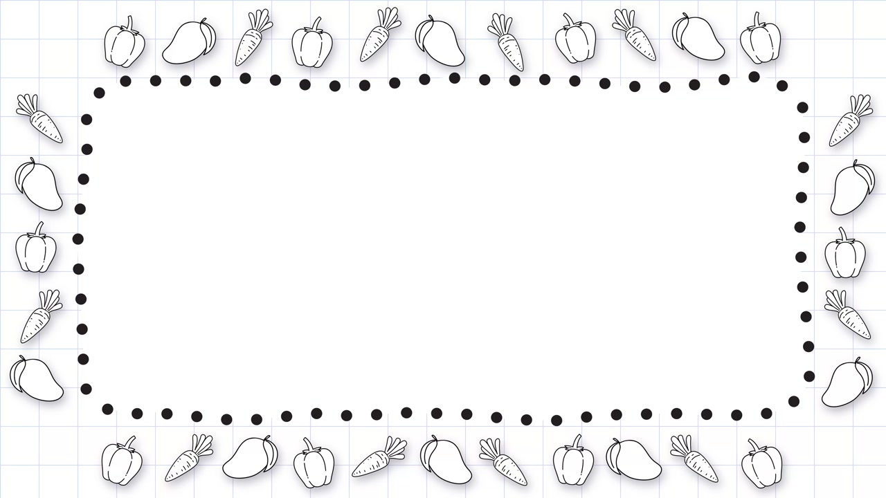 Hand drawn fruit and vegetable border with dotted line animation on white grid background.