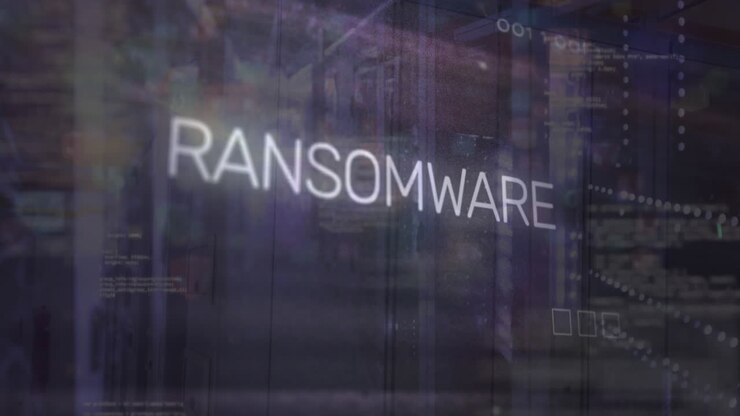 Animation of ransomware, computer language, circuit board pattern over data server room