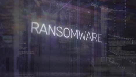 animación de ransomware, lenguaje de computadora, patrón de placa de circuito sobre la habitación del servidor de datos