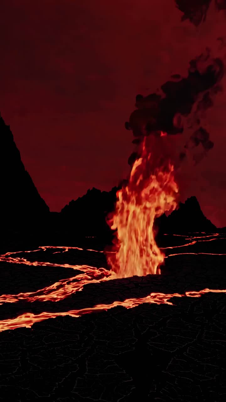Fotogramma video drammatico dal basso di lava in eruzione, con fiamme ardenti su un cielo scuro e fumoso