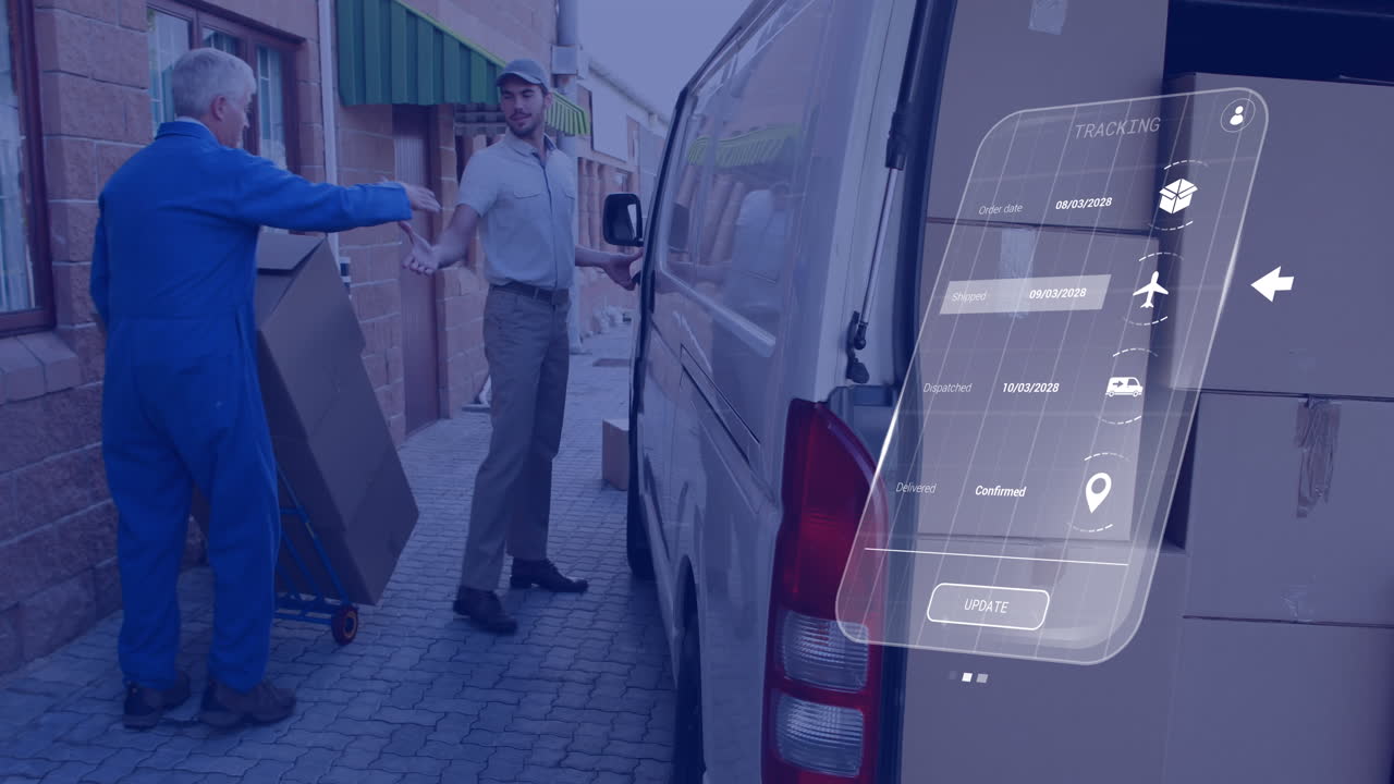 Animation of digital interface with icons and data processing over caucasian delivery man and worker