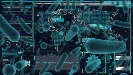 Monitoreo-De-La-Salud-Global,-Animación-De-Bacterias-Sobre-El-Mapa-Mundial