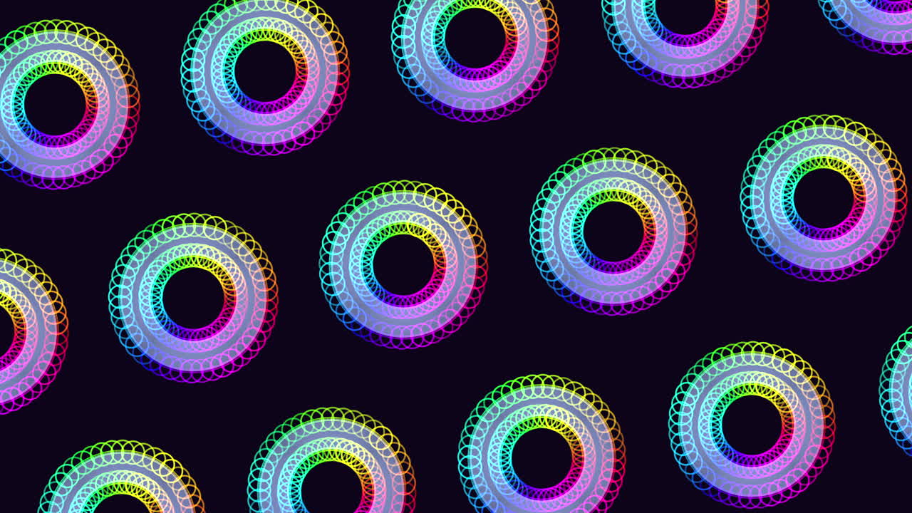 A vibrant circular pattern featuring a series of uniformly sized colorful circles overlapping one another, arranged in a circular formation against a black background