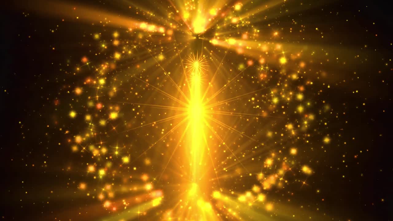 Heldere gouden lichtstraal met sprankelende deeltjesanimatie.