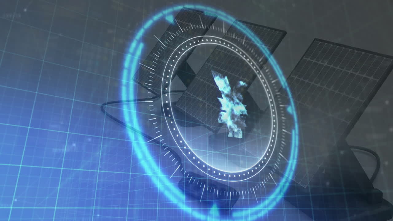 Rotating animation with futuristic digital interface over solar panels in field