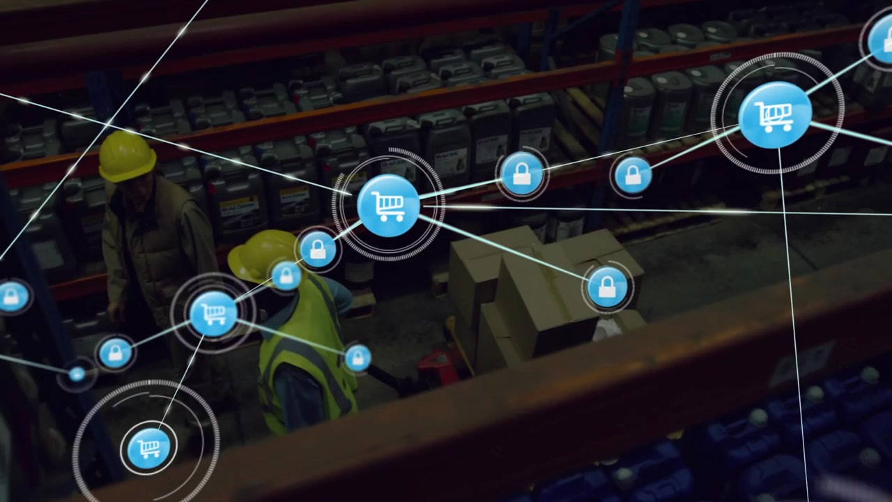 Animazione di rete di connessioni con icone su magazzino