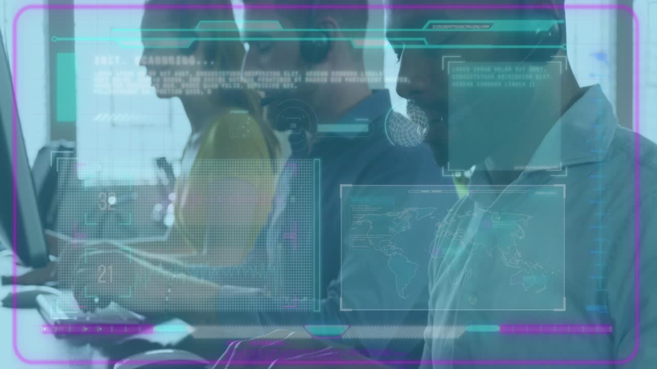 Animation of data processing over diverse business people in office