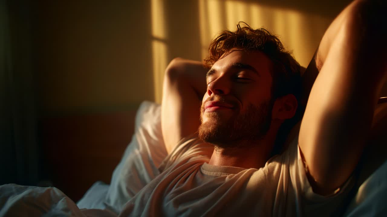 A Moment of Serenity: A Portrait of a Young Man Enjoying the Warm Morning Light as He Relaxingly Leans Back in His Bed, Exuding Calmness and Contentment Amid Soft Shadows and Sunlight