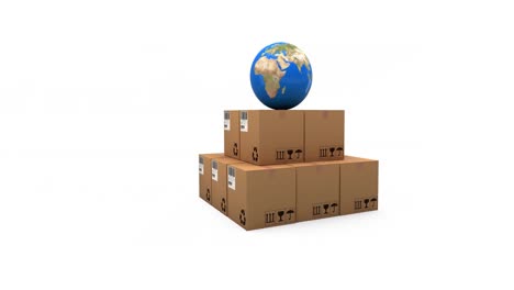 animation of globe on stack of cardboard boxes moving on white background