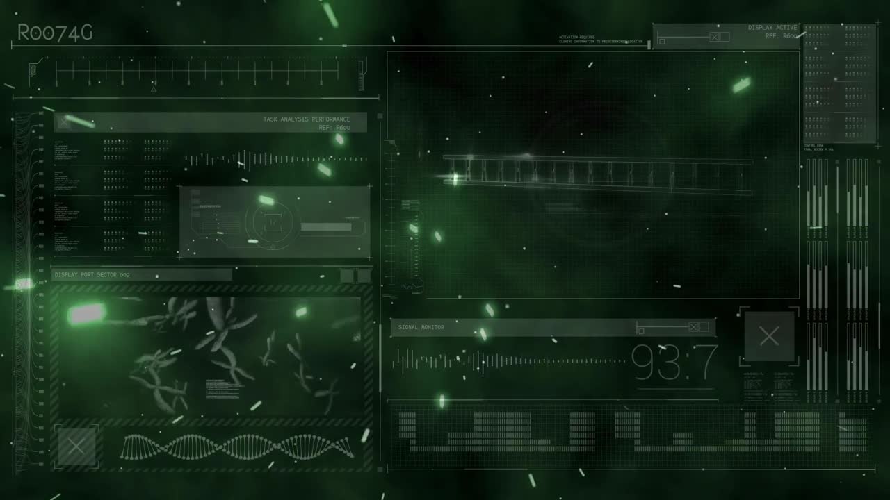 animación de luces que se mueven sobre una pantalla digital negra con datos diversos