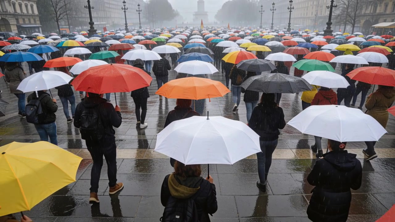 Folla di pedoni in movimento che avanza lungo la piazza, la pioggia che batte sui passi, con ombrelli aperti e cappotti indossati.