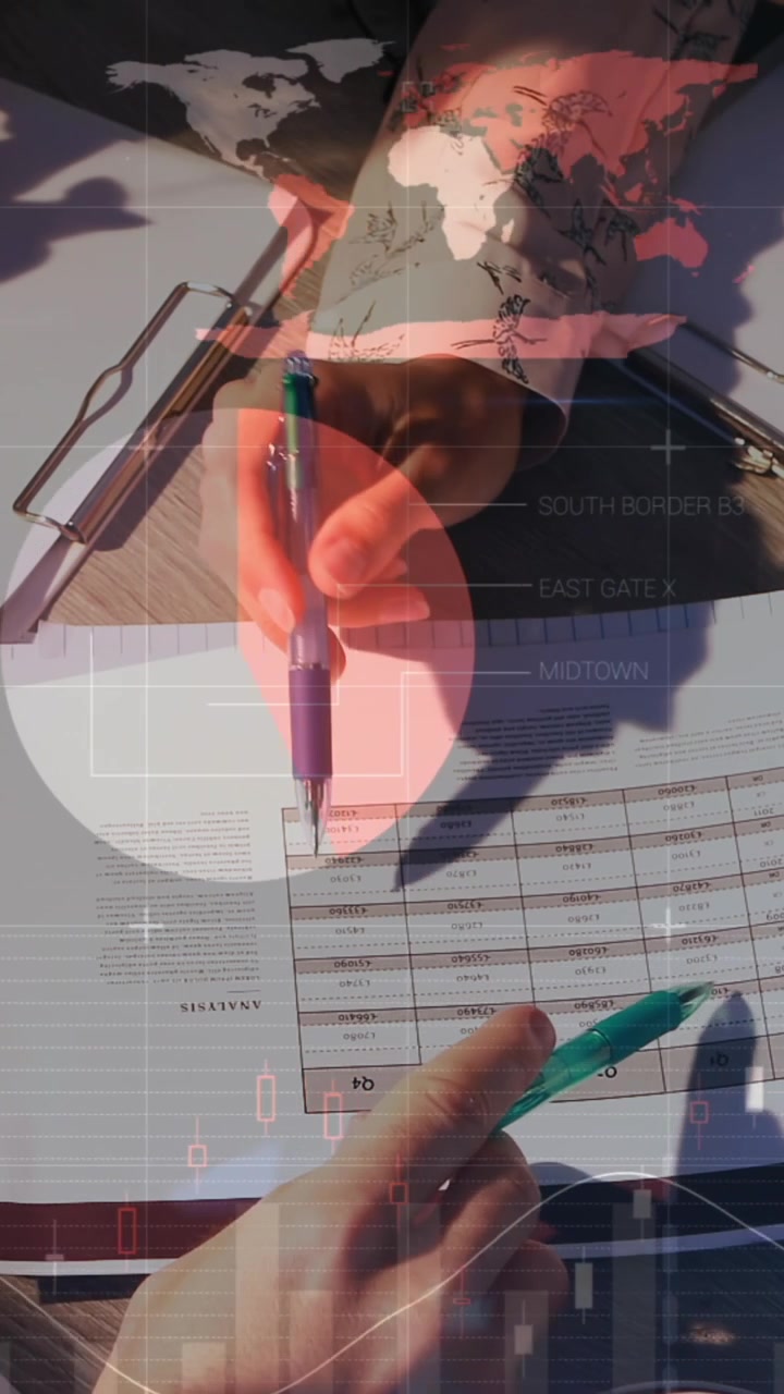 Animation of hand on laptop screen with glitch over world map and man using smartphone