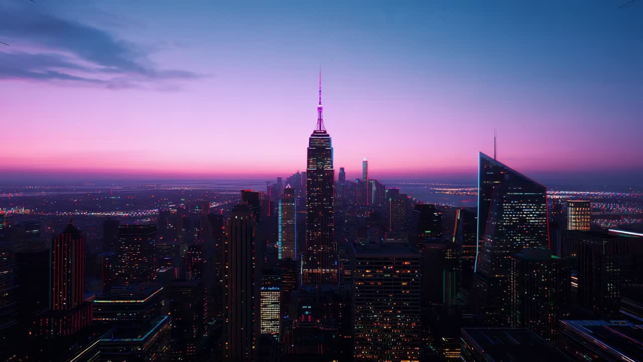 Céu crepuscular em movimento, fazendo com que as janelas da torre central brilhem a partir da cobertura, com pináculo magenta