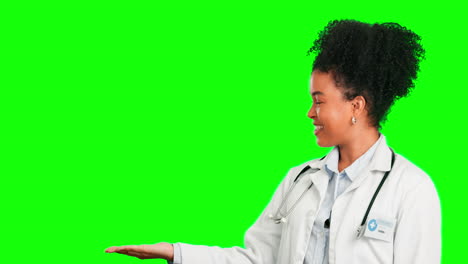Pointing,-doctor-and-choice-with-woman-on-green