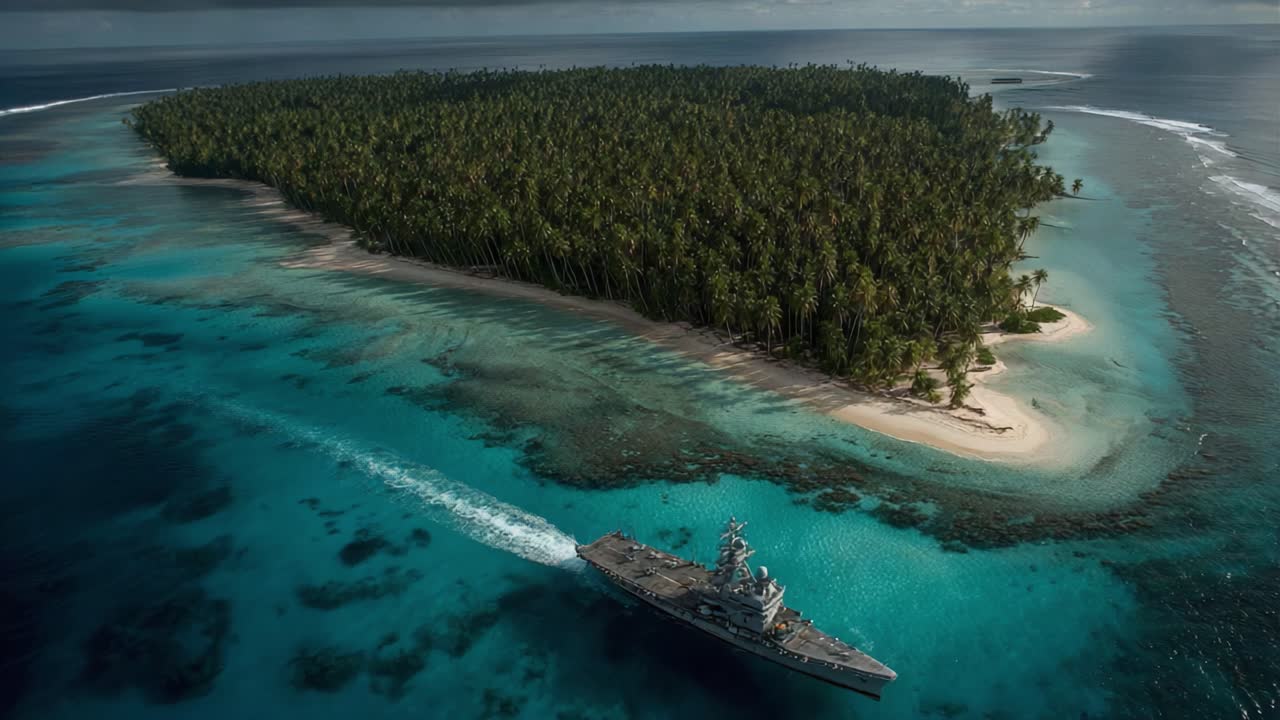 A Stunning Aerial View of an Isolated Tropical Island Surrounded by Crystal-Clear Turquoise Waters and a Navy Vessel Approaching the Serene Shoreline