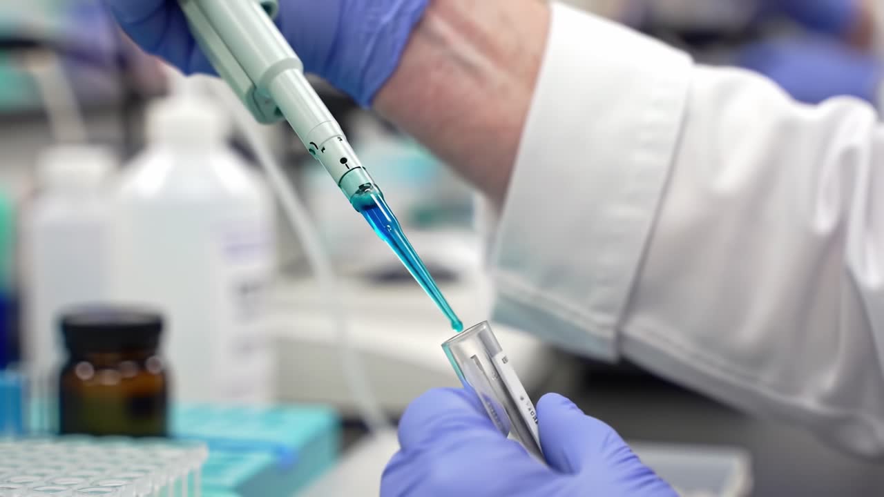 Precision Lab Techniques: Detailed Examination of Liquid Transfer with Pipette in Scientific Research Environment