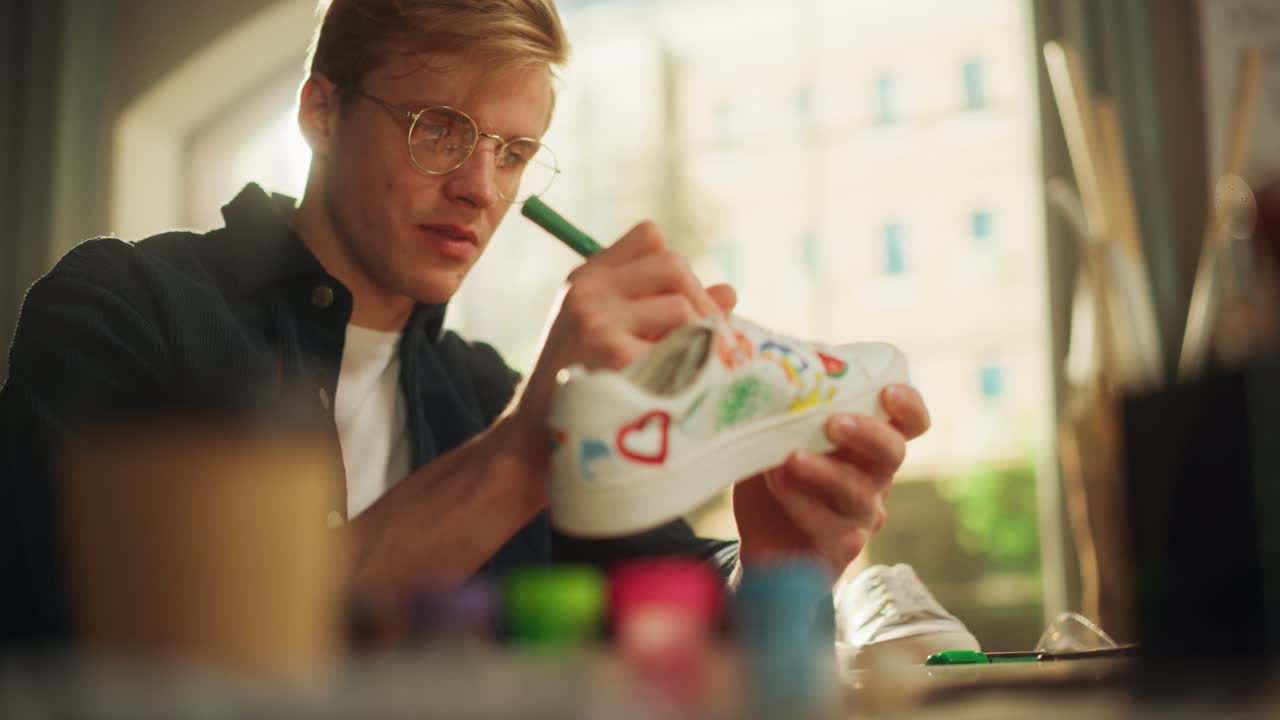 vista de retrato cinematográfico del diseñador masculino examinando zapatos mientras dibuja en ellos. hombre hipster está personalizando calzado por su propio diseño. arte y concepto de pequeña empresa