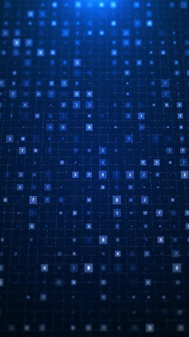 Futuristic blue data grid with floating number blocks luminous dot matrix and dark technology depth