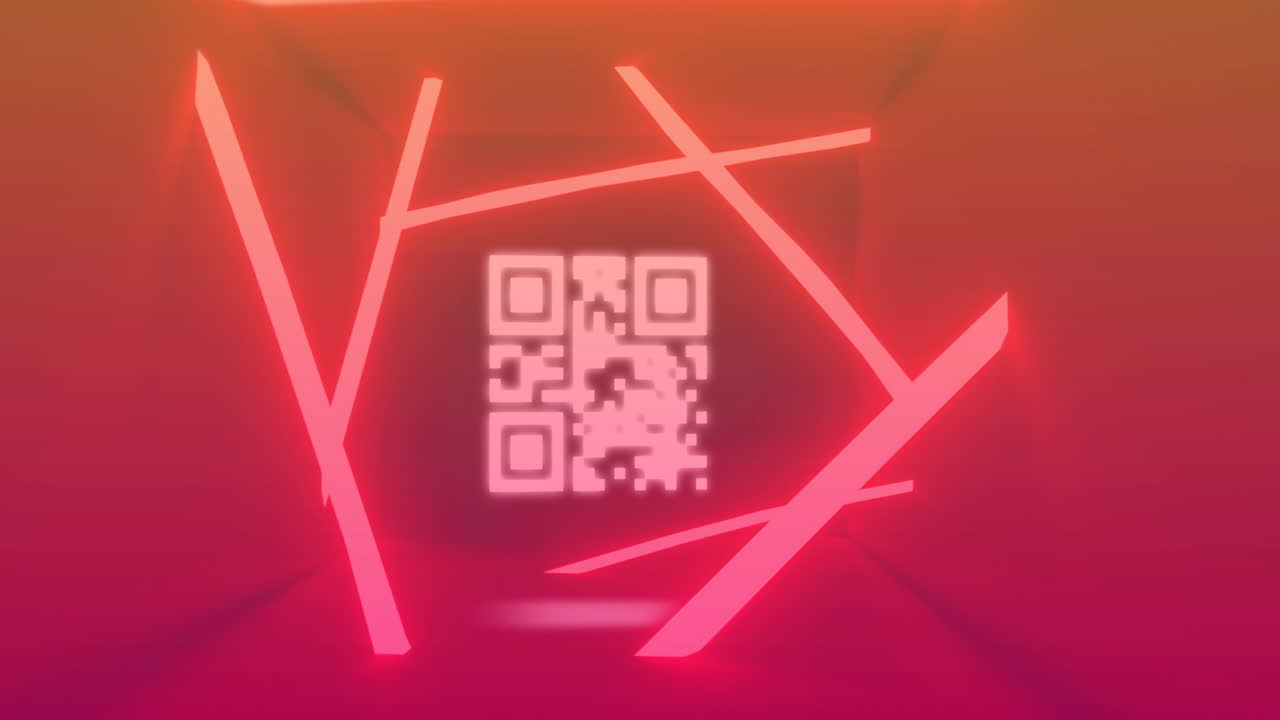 Glowing QR code animation with pink neon lines in abstract space