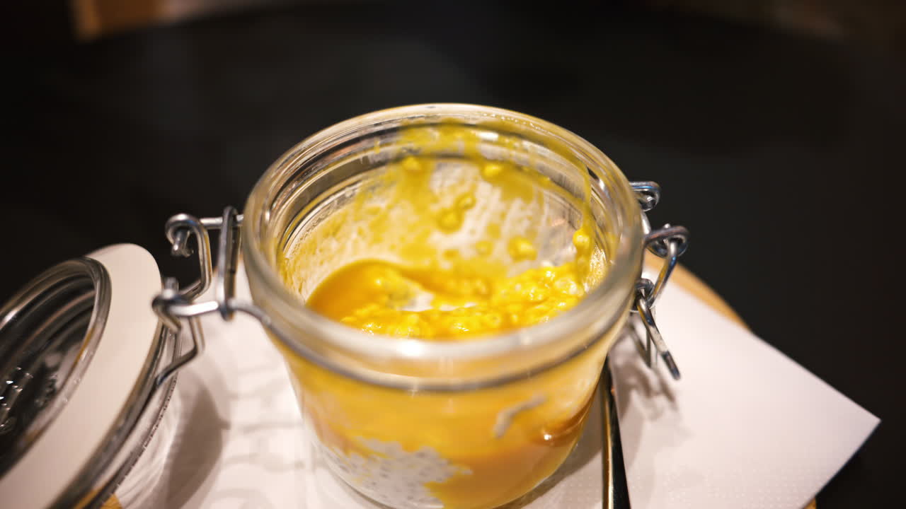 Coconut mango chia pudding in a glass jar