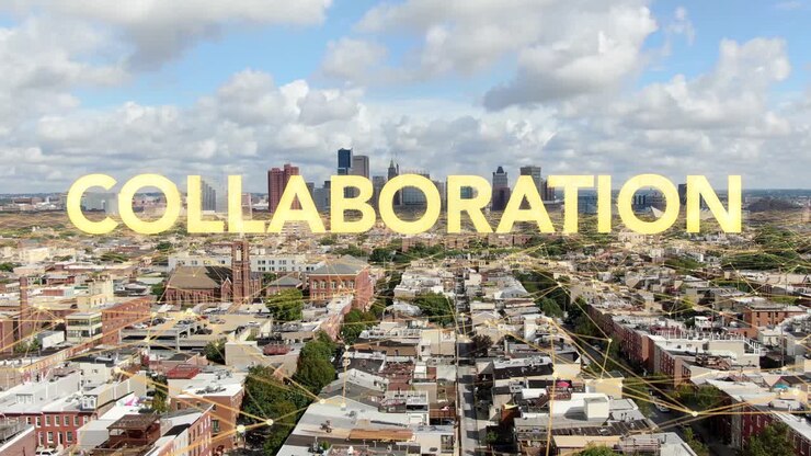 Nuvola di parole COLLABORAZIONE appare in ologramma di città americana urbana negli USA