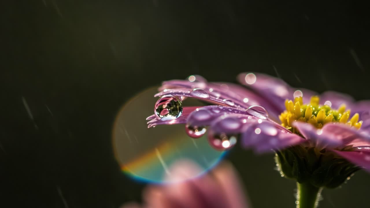 Captivating Rain Drops on Flower Petals: A Close-Up Encounter with Nature's Beauty Captured in Two Intimate Frames Showing Resplendent Colors and Delicate Details