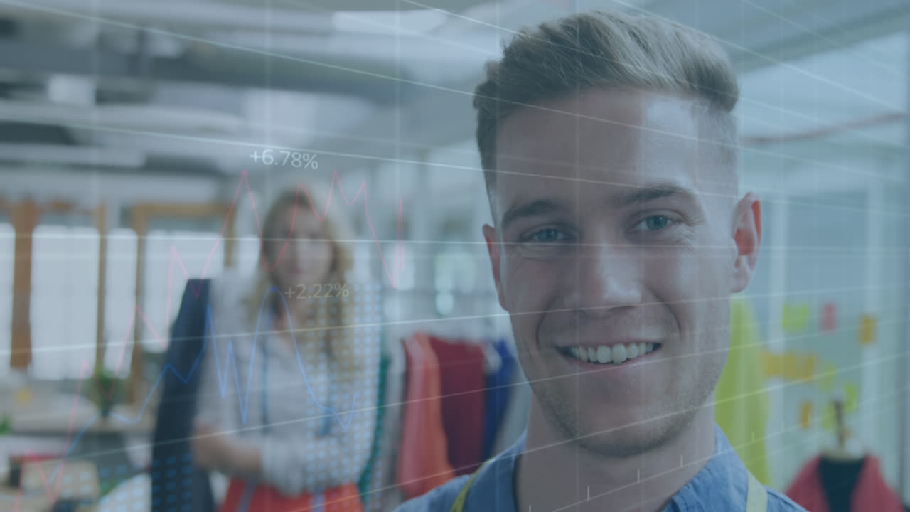 Animation of data processing over smiling caucasian business people in office