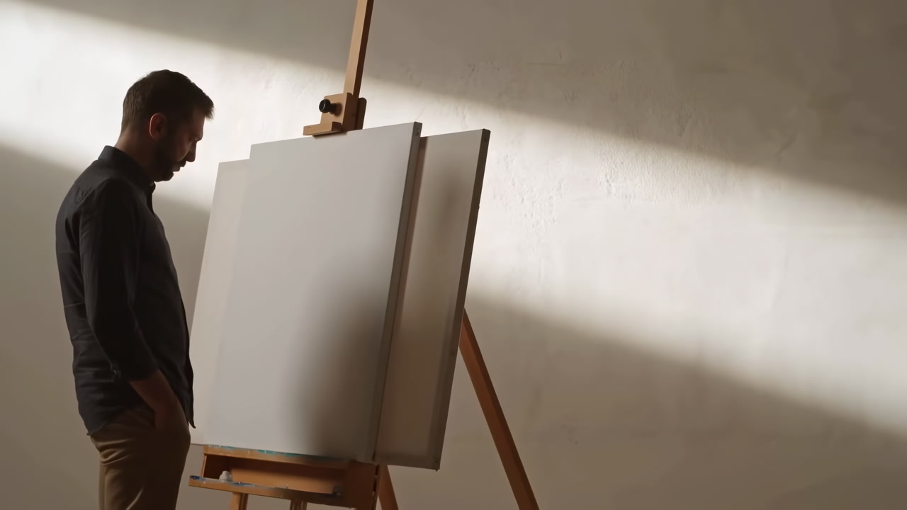 Man Artist Standing Beside Blank Canvas Soft Sidelight Casts Long Shadow Across Minimal Studio Wall Easel