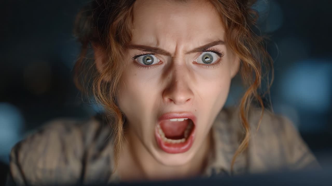 Intense Reaction: A Close-Up of a Woman Expressing Fear and Anguish, Captured in Moments of Extreme Emotion and Distress