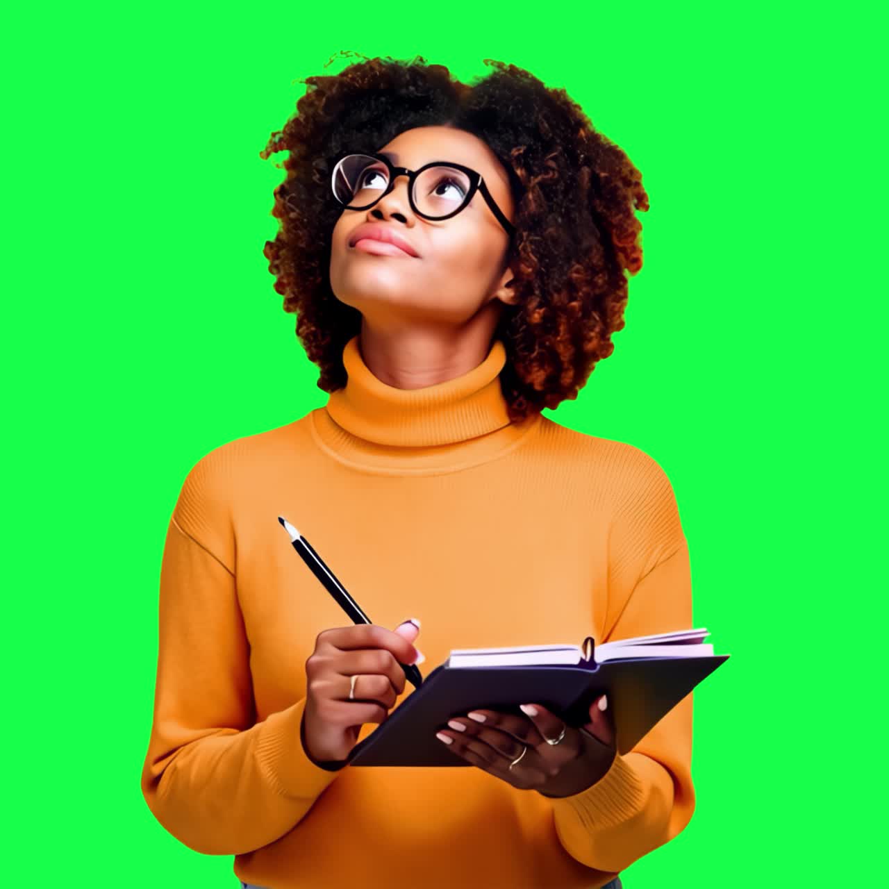 Thoughtful woman writing ideas animation, transparent 4K video, green screen