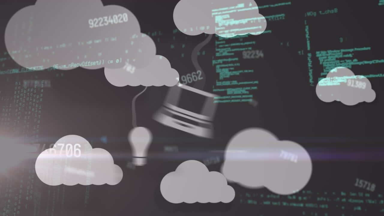 Animation of data processing and media icons over light spots