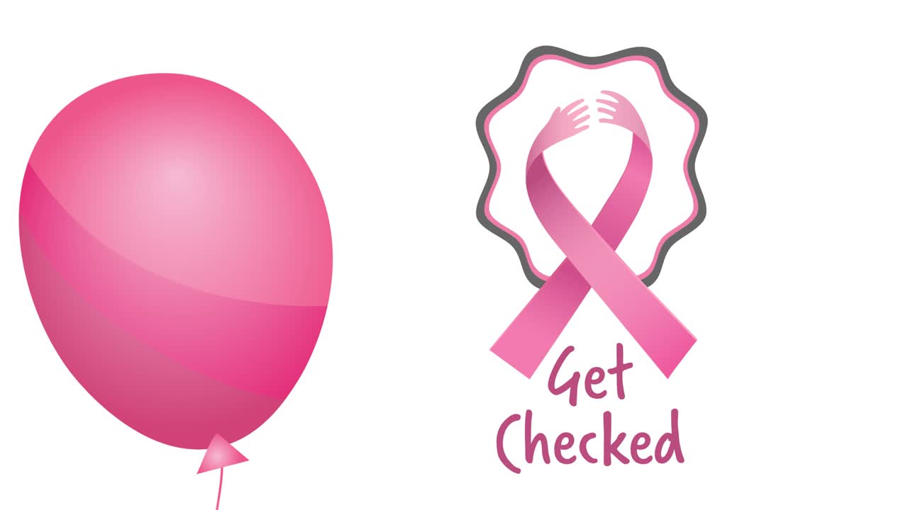 분홍색 리본 로고와 유방암 텍스트 위에 날아다니는 분홍색 풍선의 애니메이션