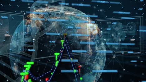 Animation-of-financial-graphs,-dna,-connections-and-globe-on-navy-background