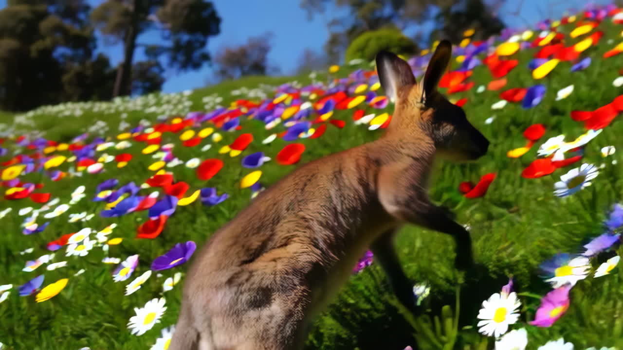Kangaroo in a Colorful Flower Meadow