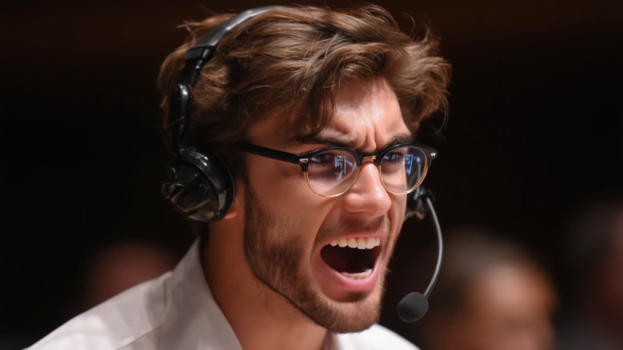 Intense Moment Captured: A Young Man in Headset Expresses Strong Emotions with an Engaged Facial Expression During a Dynamic Communication Session