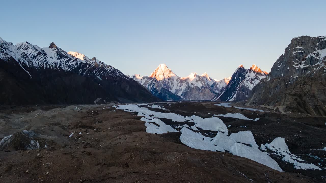 Forward Aerial Drone, sunset to dark's Hyperlapse of Gasherbrum IV from Ghoro II Base Camp in Pakistan