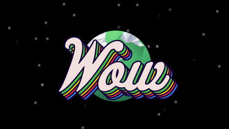 animation of colorful text layers over planet and stars on black background