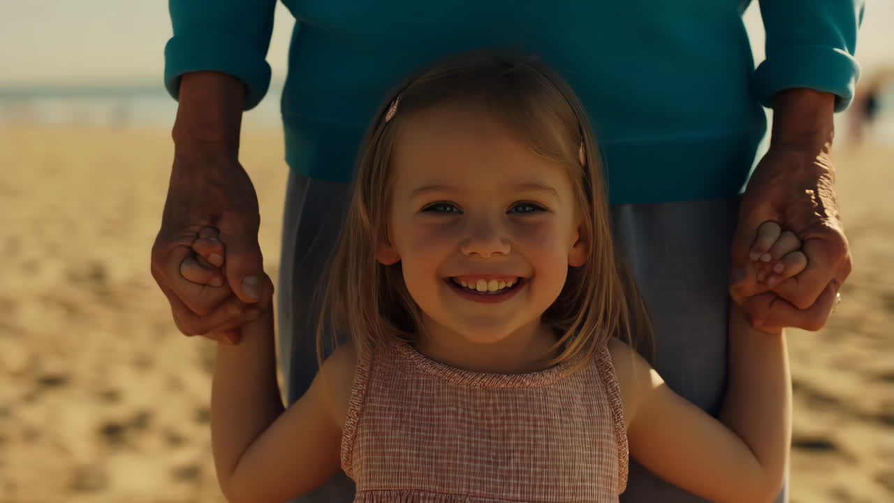 A young child enjoying a day at the beach with an adult