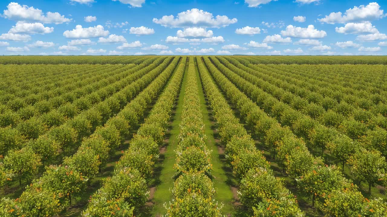 Drone che inizia a sorvolare il frutteto per un'ispezione, rivelando file di alberi parallele, navate erbose, nuvole
