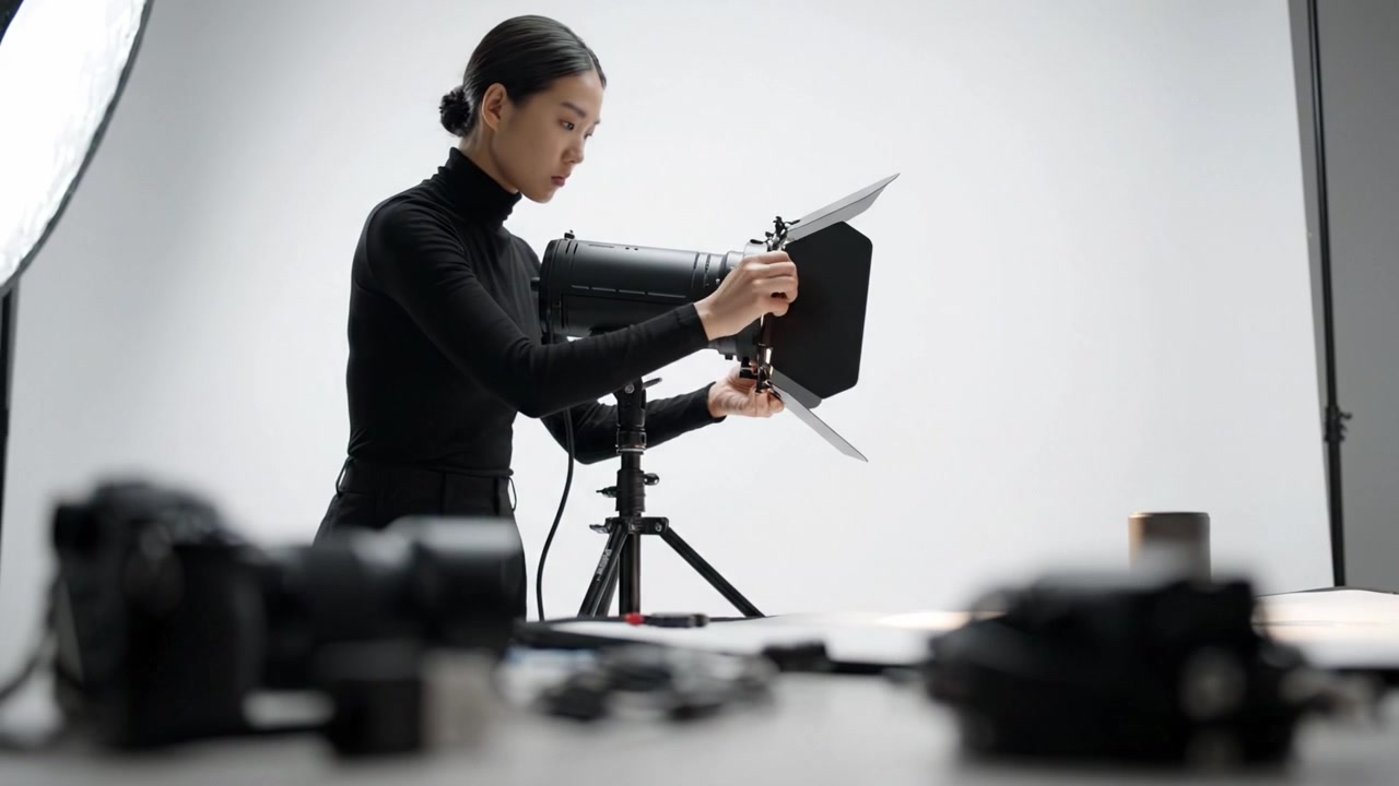Un individuo concentrato regola l'attrezzatura di illuminazione dello studio in un ambiente controllato per una configurazione fotografica ottimale.