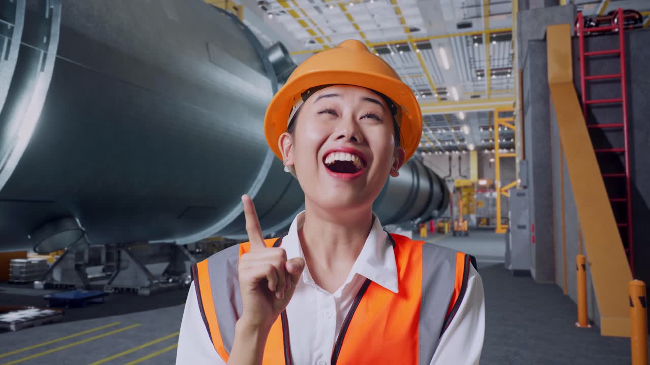 안전 헬을 입은 아시아 여성 엔지니어가 생각하고 주위를 둘러보며 파이프 제조 공장에서 서 있는 동안 지표손가락을 올리고 있습니다.